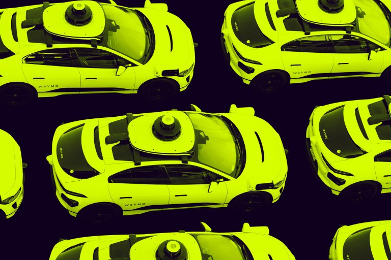 Multiple white Waymo autonomous vehicles with rooftop sensors are arranged in a pattern against a black background, shown from an aerial perspective. The cars have black wheels and visible "WAYMO" branding on the sides. The image has a yellow-green color overlay.