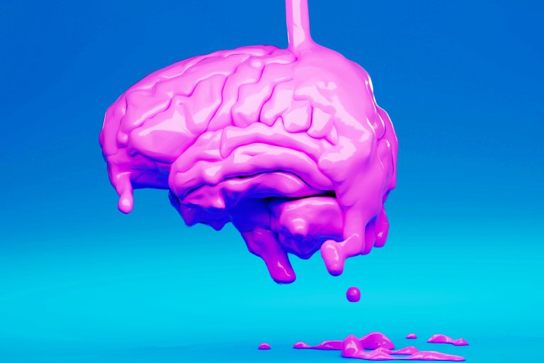A glossy, bright pink brain-shaped object appears to be melting or dripping against a gradient blue background, with some pink liquid pooling below it.