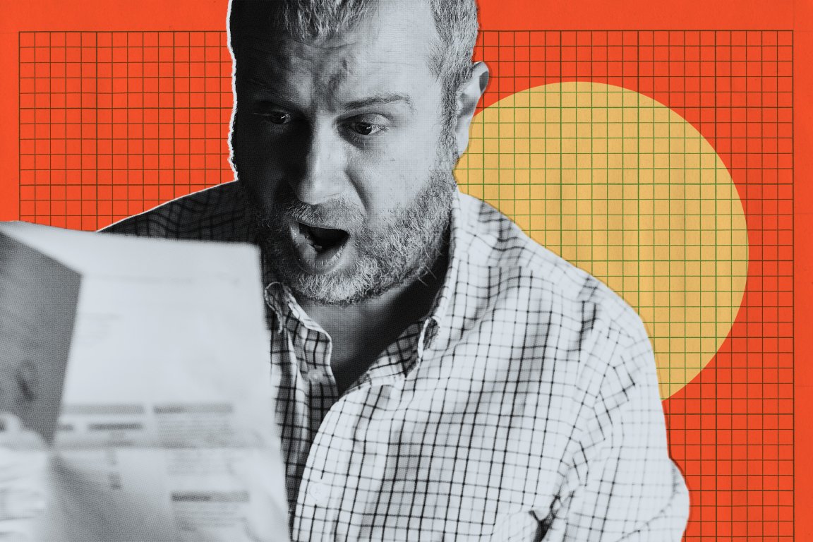 A man with a beard and short hair wearing a checkered shirt looks surprised or shocked while reading a document. The background is a bright orange with a yellow circle and a grid pattern overlay.