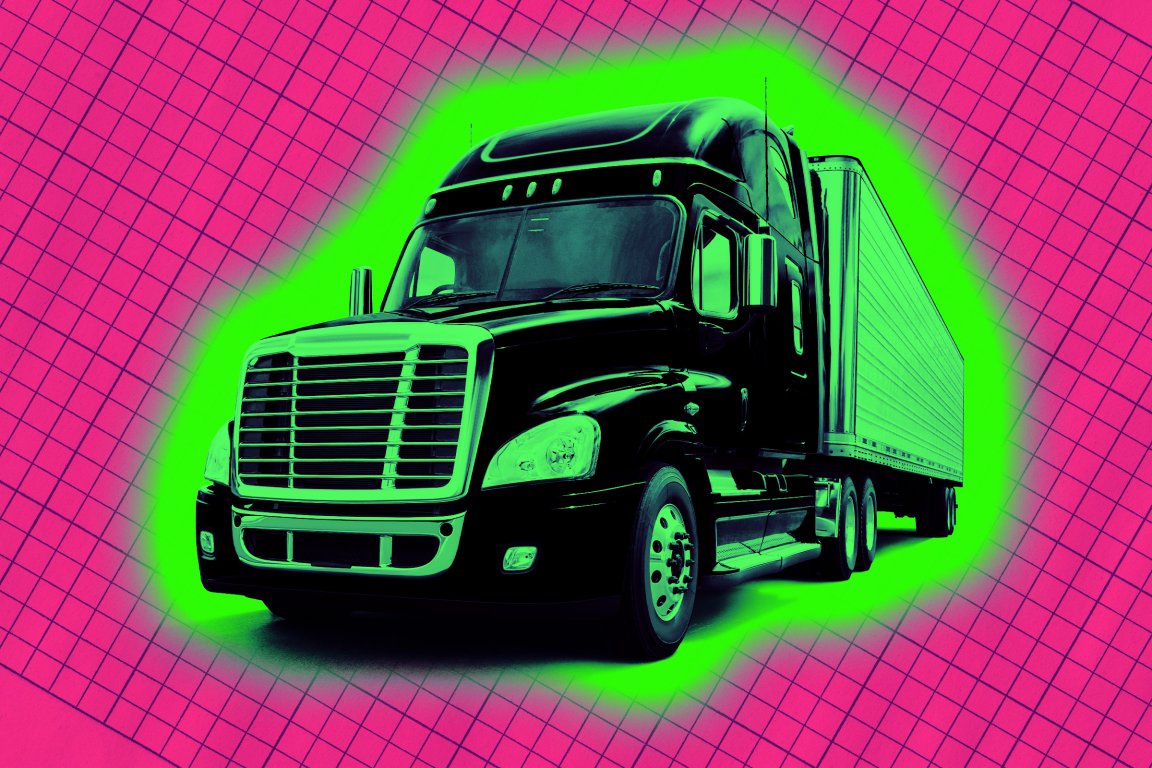 A large semi-truck with a black cab and a silver trailer is shown against a vibrant background. The truck is highlighted with a glowing green outline, and the background features a pink grid pattern. The truck is positioned at an angle, facing slightly to the left.