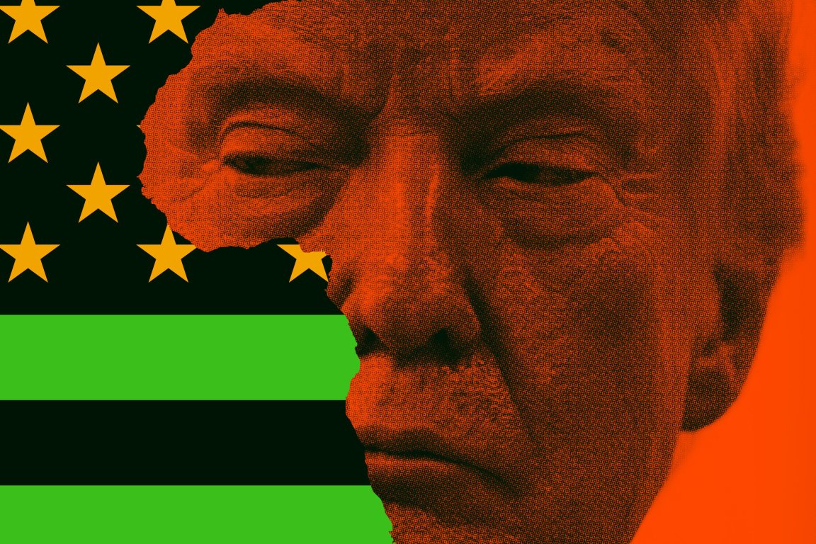A stylized image of Donald Trump's face in an orange halftone pattern, partially overlaid on a modified American flag.