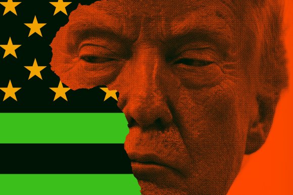 A stylized image of Donald Trump's face in an orange halftone pattern, partially overlaid on a modified American flag.
