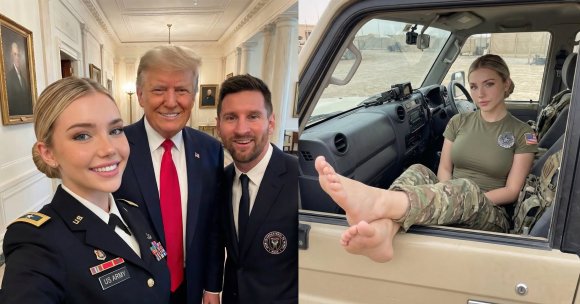 A young woman in a U.S. Army dress uniform takes a selfie with Donald Trump and Lionel Messi in a formal room with classical decor and portraits. In a separate image, the same woman is seated barefoot in the driver's seat of a military vehicle, wearing a green tactical shirt with an American flag patch and camouflage pants, with a calm expression.