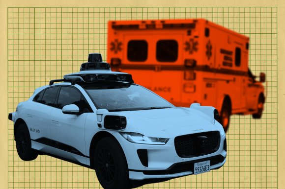 A white autonomous Waymo Jaguar electric vehicle with roof-mounted sensors is in the foreground. Behind it is a blurred, orange-tinted ambulance against a beige background with a green grid pattern.