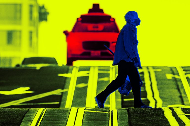 A person wearing a mask and casual clothing is walking across a street with yellow road markings. Behind them, a red autonomous vehicle is visible, and the background is predominantly bright yellow. The person is carrying a bag and appears to be in motion.