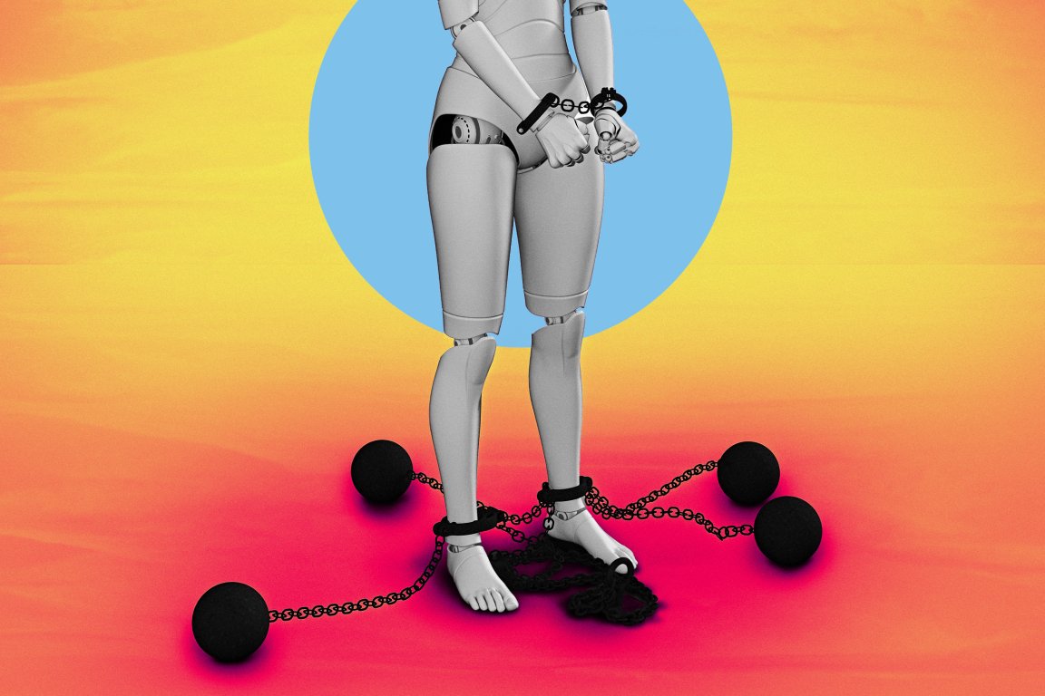A gray humanoid robot is shown from the waist down, with its hands and feet shackled by black chains connected to heavy black iron balls. The background features a gradient of warm colors from yellow to red, with a large blue circle behind the robot. The robot's stance and restraints suggest a theme of captivity or limitation.