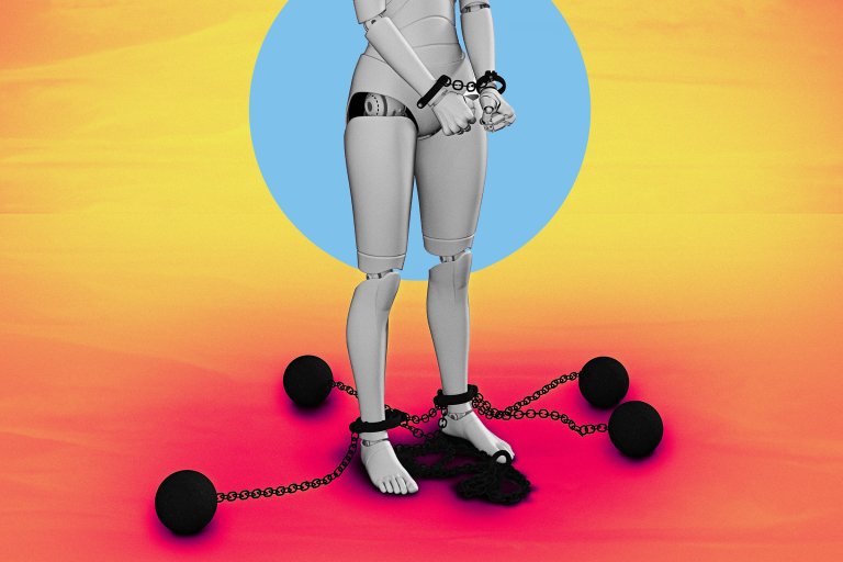 A gray humanoid robot is shown from the waist down, with its hands and feet shackled by black chains connected to heavy black iron balls. The background features a gradient of warm colors from yellow to red, with a large blue circle behind the robot. The robot's stance and restraints suggest a theme of captivity or limitation.