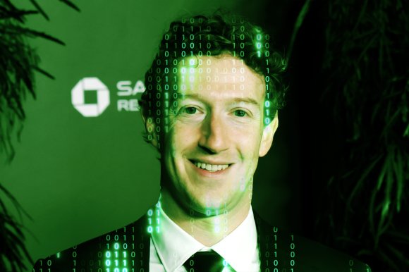 A digitally altered portrait of Mark Zuckerberg, wearing a suit and tie, smiling. The image has a green tint with binary code (ones and zeros) overlaid on his face and upper body, giving a futuristic or digital effect. The background includes a partially visible logo and text, suggesting a corporate or professional setting.