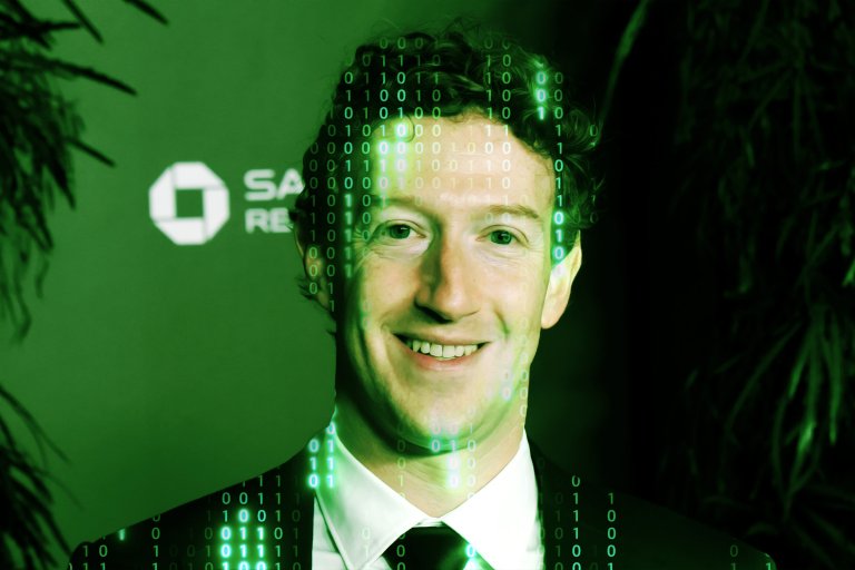 A digitally altered portrait of Mark Zuckerberg, wearing a suit and tie, smiling. The image has a green tint with binary code (ones and zeros) overlaid on his face and upper body, giving a futuristic or digital effect. The background includes a partially visible logo and text, suggesting a corporate or professional setting.