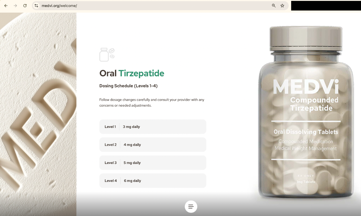 A webpage for medvi.org/welcome featuring an AI-generated bottle Medvi-branded compounded tirzepatide pills