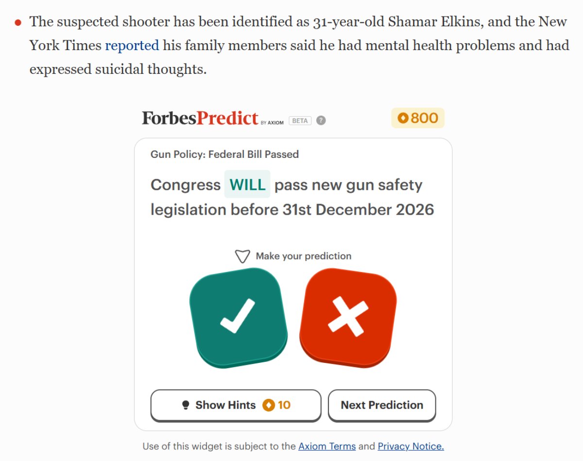 A "ForbesPredict" box encouraging Forbes readers to place gamified bets based on news about murdered children.