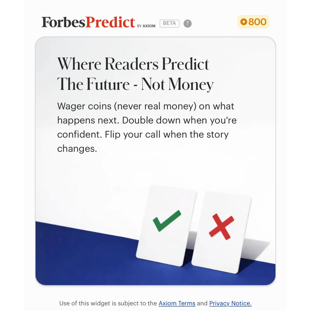 A graphic explaining that "ForbesPredict" is designed to encourage readers to place faux bets on news events.