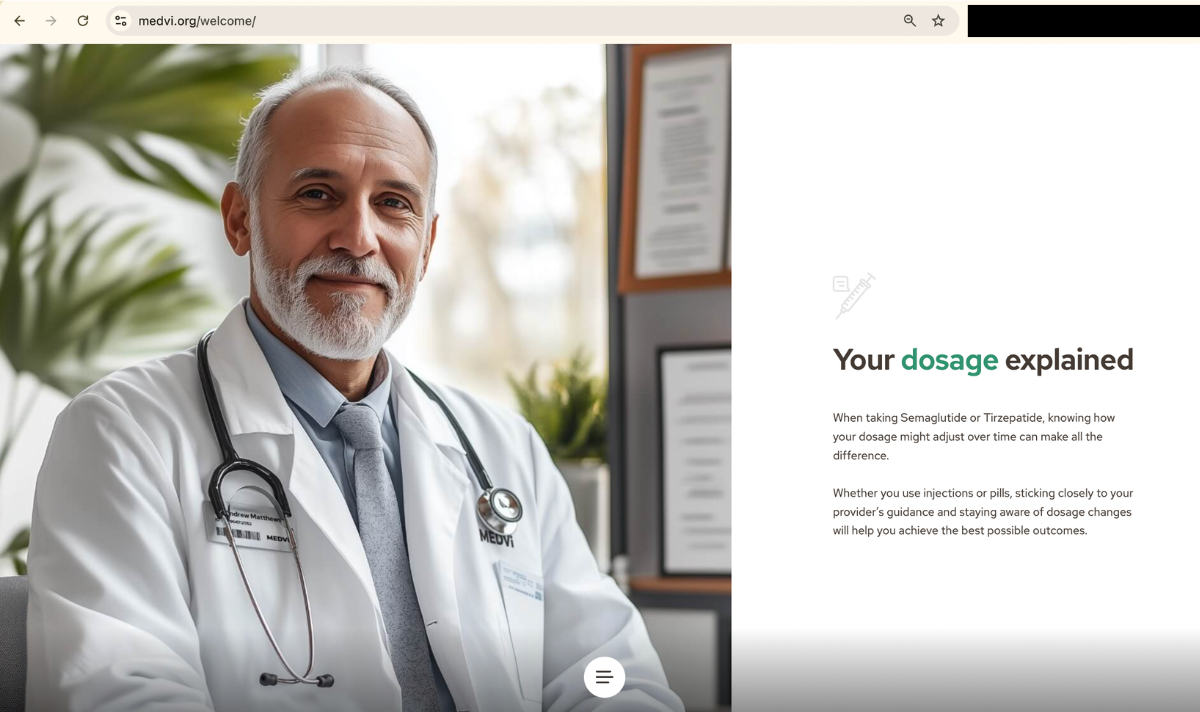 A webpage for medvi.org/welcome featuring an AI-generated doctor with a lab coat that says "Medvi"