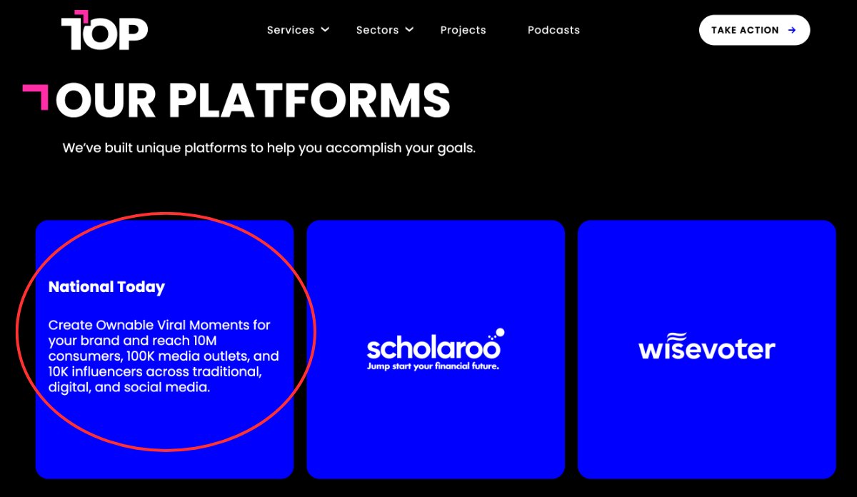 A screenshot of TOP Agency's homepage, which lists National Today as a platform for brands to "create ownable viral moments."