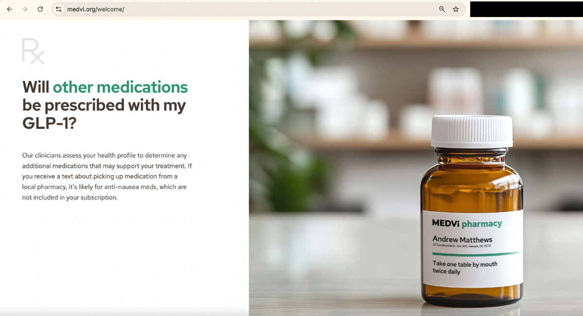A webpage for medvi.org/welcome featuring an AI-generated bottle Medvi-branded medication. The bottle reads "Medvi pharmacy" and instructs people to "take on table [sic] by mouth twice daily."