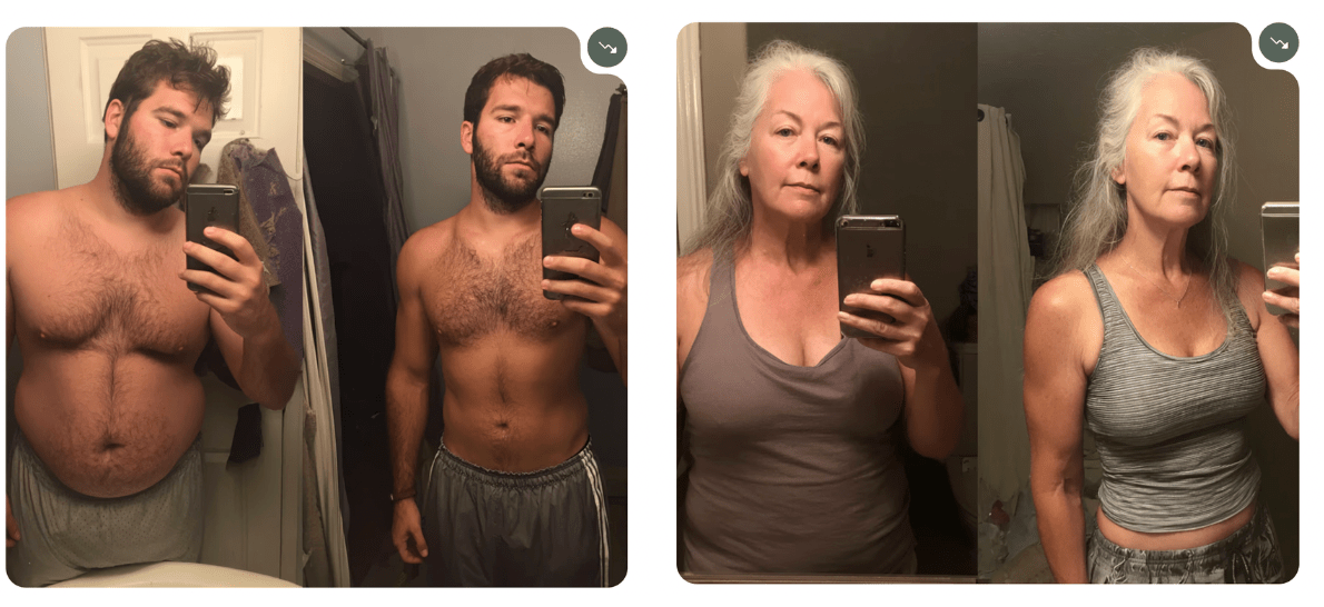 Before-and-after weight loss transformation images of people who do not appear to be real