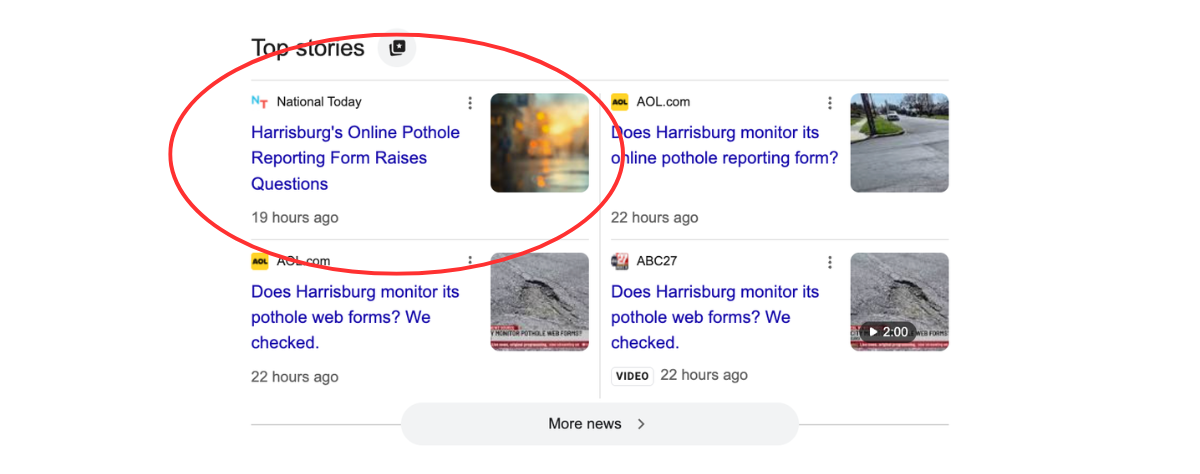 A screenshot showing Google News featuring a story by National Today alongside local reporting.
