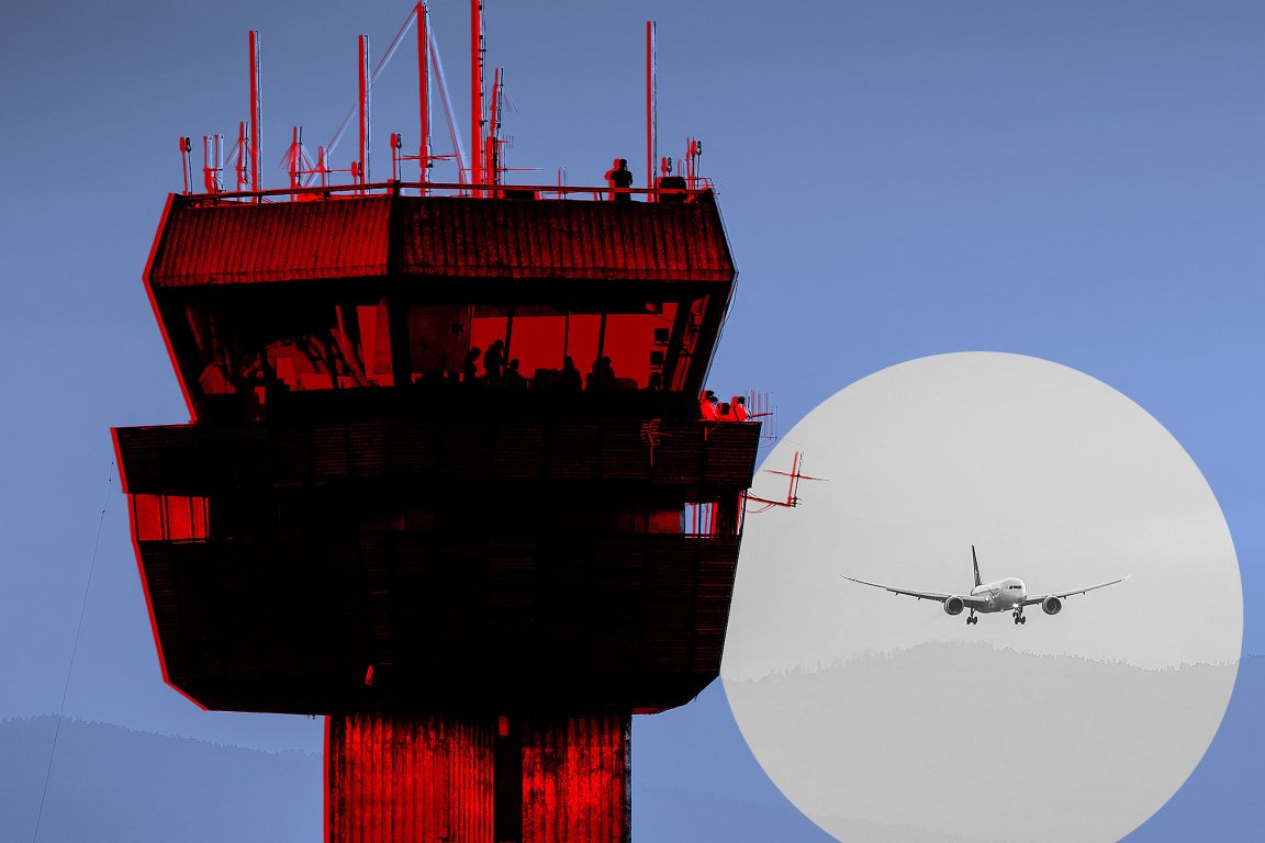 Air traffic control tower highlighted in red with an airplane approaching for landing, framed within a large circular spotlight effect against a blue sky background.