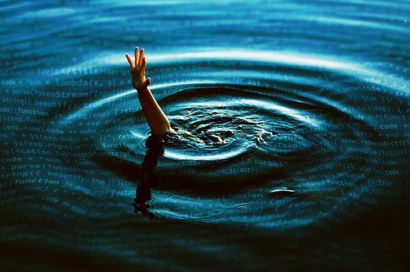 A hand reaching out of dark water with digital code and programming text superimposed over the water's surface, creating a visual metaphor of someone struggling or drowning in code. The water has ripples around the hand, emphasizing the sense of distress.