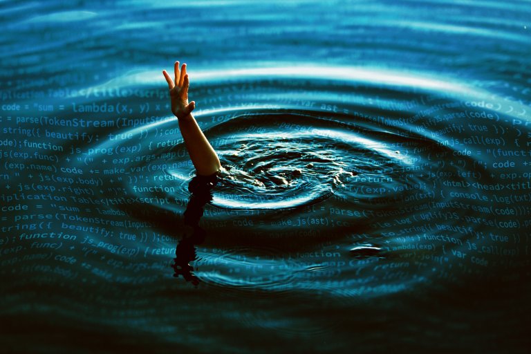A hand reaching out of dark water with digital code and programming text superimposed over the water's surface, creating a visual metaphor of someone struggling or drowning in code. The water has ripples around the hand, emphasizing the sense of distress.