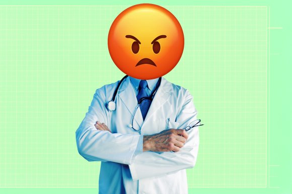 A person wearing a white doctor's coat, blue shirt, and blue tie with a stethoscope around their neck. Their face is replaced by an angry red emoji with furrowed eyebrows and a frown. The person is holding eyeglasses in one hand and has their arms crossed. The background is light green with a faint grid pattern.