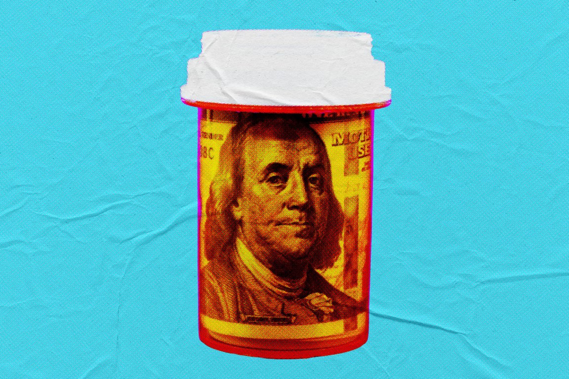 A prescription pill bottle with a label featuring a close-up image of Benjamin Franklin from the US $100 bill, set against a bright blue textured background. The image has a pop art style with vibrant red and yellow tones.