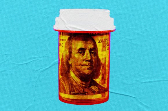 A prescription pill bottle with a label featuring a close-up image of Benjamin Franklin from the US $100 bill, set against a bright blue textured background. The image has a pop art style with vibrant red and yellow tones.