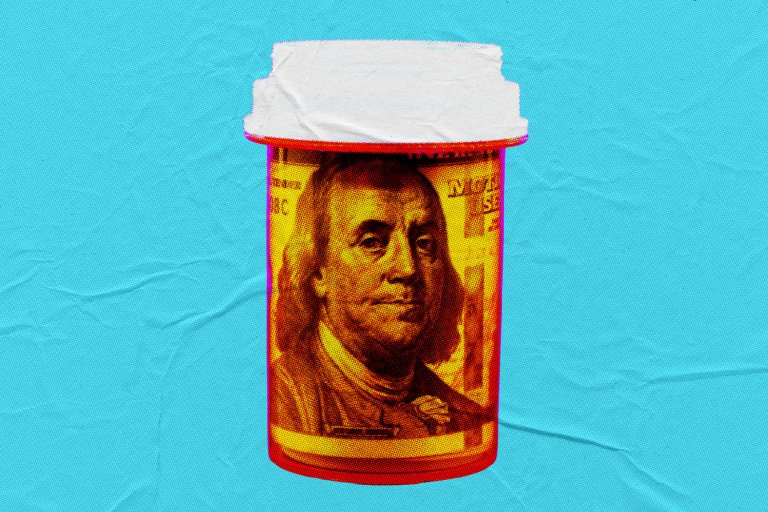 A prescription pill bottle with a label featuring a close-up image of Benjamin Franklin from the US $100 bill, set against a bright blue textured background. The image has a pop art style with vibrant red and yellow tones.