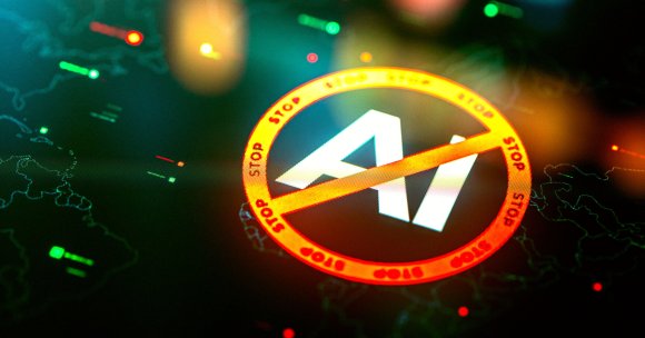 A digital screen displays the letters "AI" with a red prohibition symbol over it, surrounded by the repeated word "STOP" in red. The background features a dark map with glowing green and red dots and lines, suggesting a technological or cybersecurity theme.