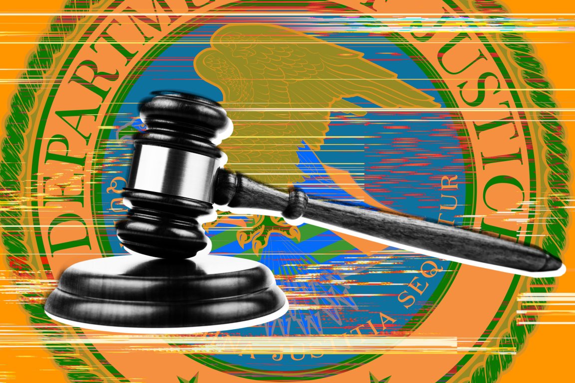 A wooden judge's gavel with a metal band around the head is prominently displayed in the foreground. The background features a stylized, partially obscured seal of the United States Department of Justice, with an eagle and text visible. The image has horizontal glitch-like lines running across it, adding a digital distortion effect.
