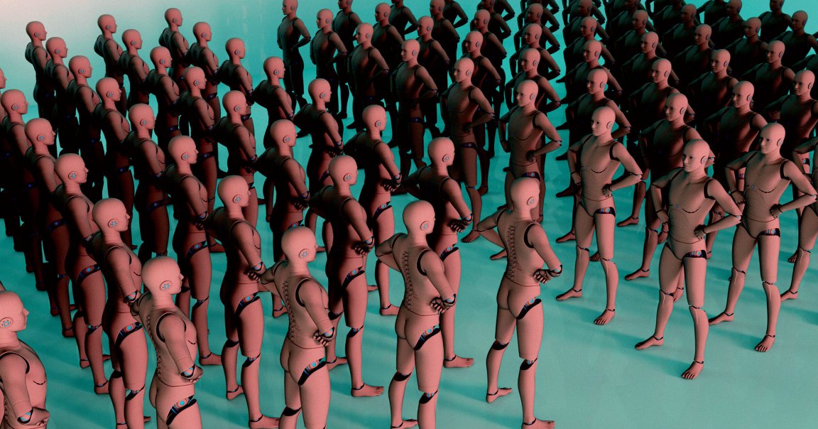 A large group of identical humanoid robots standing closely together on a teal surface. They have a smooth, pinkish exterior with visible joint segments and circular blue and orange details on their heads, arms, and legs. All robots have their hands on their hips and are facing forward, creating a uniform and organized appearance. The lighting casts shadows behind them, emphasizing their three-dimensional form.