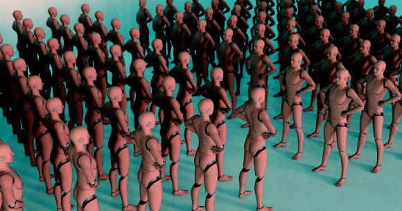 A large group of identical humanoid robots standing closely together on a teal surface. They have a smooth, pinkish exterior with visible joint segments and circular blue and orange details on their heads, arms, and legs. All robots have their hands on their hips and are facing forward, creating a uniform and organized appearance. The lighting casts shadows behind them, emphasizing their three-dimensional form.
