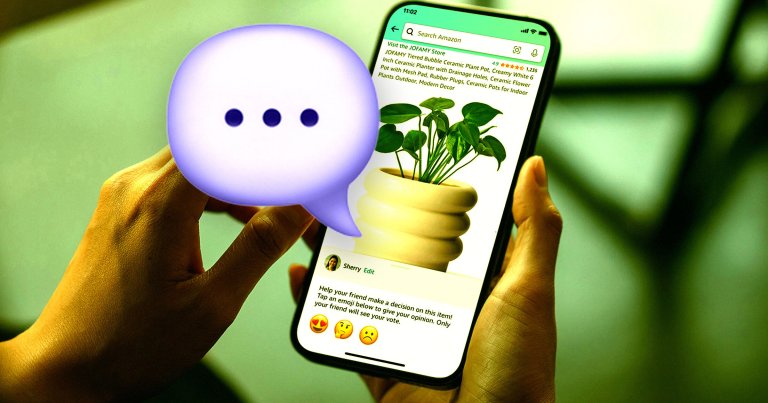 Hands holding a smartphone displaying an Amazon product page for a creamy white 6-inch tiered bubble ceramic plant pot with a green leafy plant inside. A large purple speech bubble with three dots is superimposed on the left side of the image. The product has a 4.9-star rating with 1,235 reviews. The screen also shows options to rate the item with emojis.