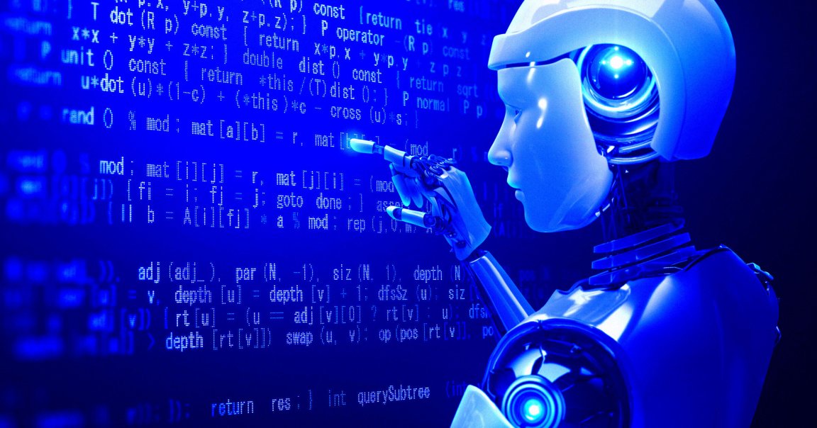 A futuristic humanoid robot with a glowing blue eye is interacting with a transparent digital screen displaying lines of computer code in bright blue text. The robot's design features a sleek white and metallic body with visible mechanical joints and components, set against a dark blue background.