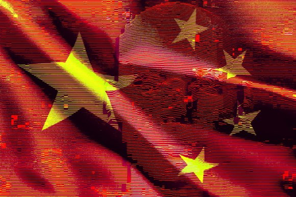 A digital art piece combining the Chinese flag with a humanoid figure. The image is stylized with horizontal lines and glitch-like effects, blending the red background and yellow stars of the flag with the soldier's face and helmet. The overall color scheme is dominated by red and yellow tones.