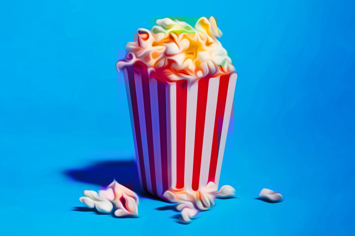 A red and white striped popcorn container overflowing with popcorn, with some popcorn spilled around it, set against a bright blue background. The image has been altered to make it look like AI slop.