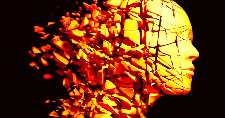 Illustration of humanoid head breaking apart into fragments.