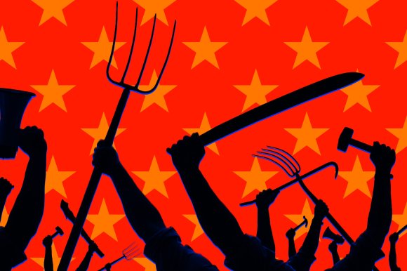 Silhouettes of raised arms holding various tools and weapons, including pitchforks, a machete, a hammer, and a megaphone, set against a bright red background with a pattern of orange stars.