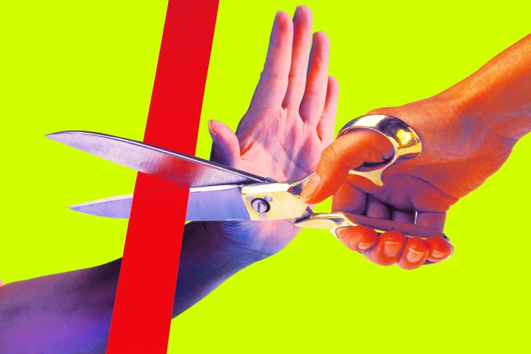 A hand holding a pair of large silver scissors is cutting a red ribbon held by another hand against a bright yellow background. The image has a vibrant, high-contrast color effect.