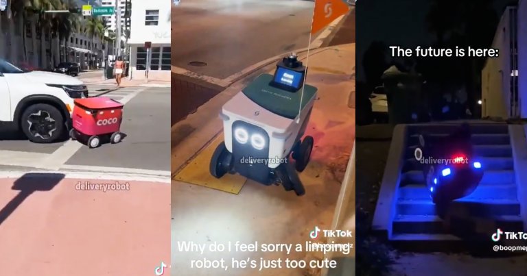 Three images show delivery robots running into trouble while navigating urban environments.