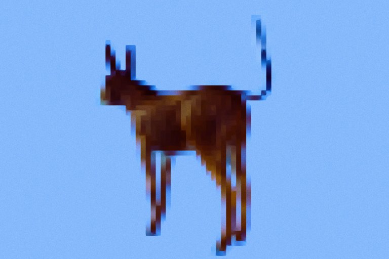 A pixelated image of a brown donkey with upright ears and a raised tail, set against a light blue background.
