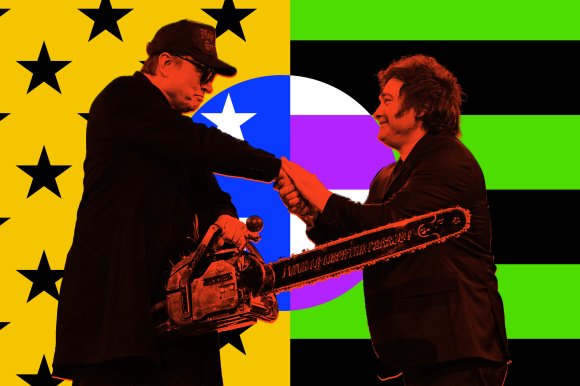 Elon Musk is shown with a chainsaw and shaking hands with Argentinian president Javier Milei.