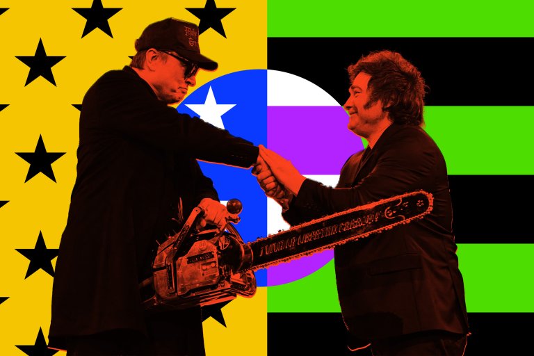 Elon Musk is shown with a chainsaw and shaking hands with Argentinian president Javier Milei.