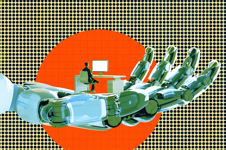 A large, futuristic robotic hand is open and facing upward, holding a small human figure seated at a desk with a computer monitor. The background features a pattern of black dots on a yellowish-beige surface with a large red circle behind the human figure and desk. The scene symbolizes the relationship between humans and technology or artificial intelligence.