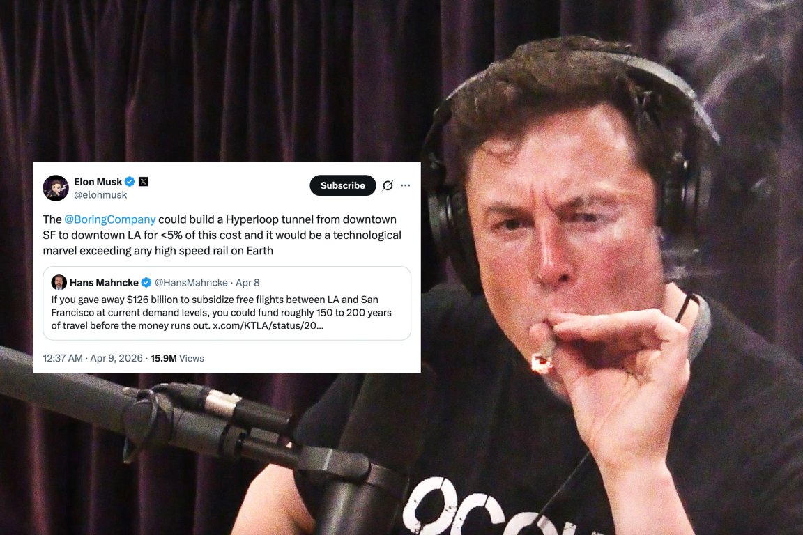 Elon Musk is shown smoking while wearing headphones and speaking into a microphone. A tweet from Elon Musk is overlaid, stating that The Boring Company could build a Hyperloop tunnel from downtown San Francisco to downtown Los Angeles for less than 5% of the cost of subsidizing free flights between the two cities, calling it a technological marvel exceeding any high-speed rail on Earth. The tweet references a post by Hans Mahncke about the cost of subsidizing free flights.