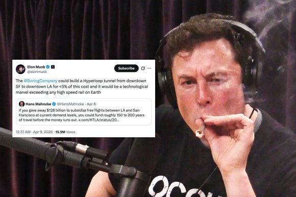 Elon Musk is shown smoking while wearing headphones and speaking into a microphone. A tweet from Elon Musk is overlaid, stating that The Boring Company could build a Hyperloop tunnel from downtown San Francisco to downtown Los Angeles for less than 5% of the cost of subsidizing free flights between the two cities, calling it a technological marvel exceeding any high-speed rail on Earth. The tweet references a post by Hans Mahncke about the cost of subsidizing free flights.