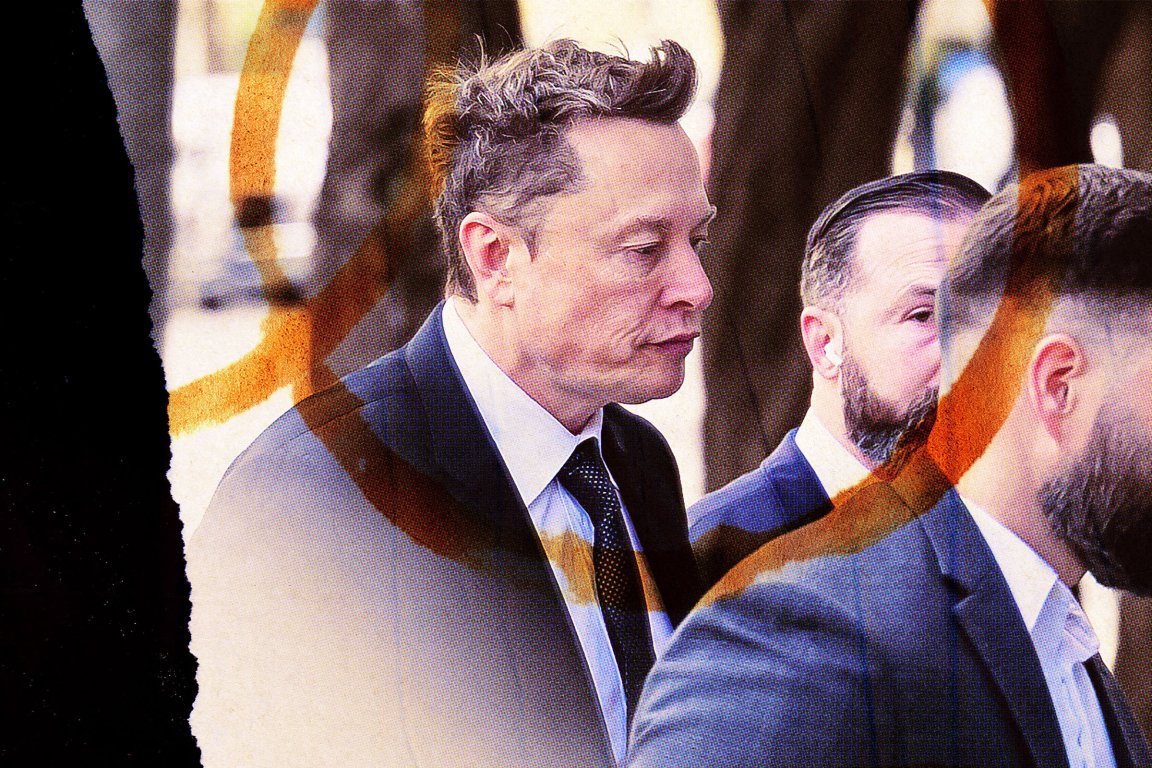 Elon Musk is shown in a close-up side profile, wearing a dark suit, white shirt, and patterned tie.