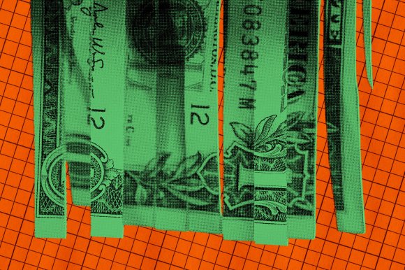 Strips of a US one-dollar bill arranged vertically on an orange grid-patterned background. The dollar bill is tinted green, contrasting with the bright orange surface beneath. The strips are unevenly cut, showing parts of the bill's design, including the number "1," leaves, and some text.