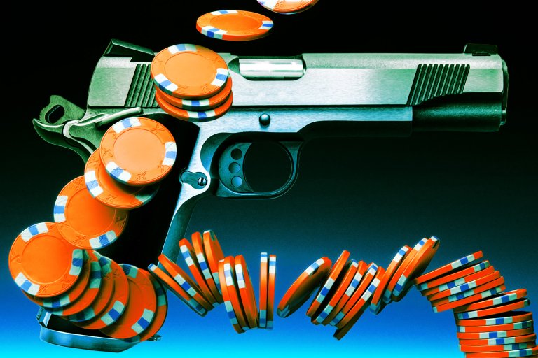 A silver handgun is surrounded by and intertwined with numerous orange poker chips with white and blue accents, set against a gradient background transitioning from black at the top to blue at the bottom. The poker chips appear to be in motion, cascading around the gun.