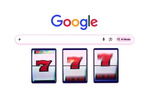 Google search page with a search bar featuring an "AI Mode" button on the right. Below the search bar, there are three slot machine reels, each displaying a red number 7, with the middle and right reels slightly blurred as if in motion.